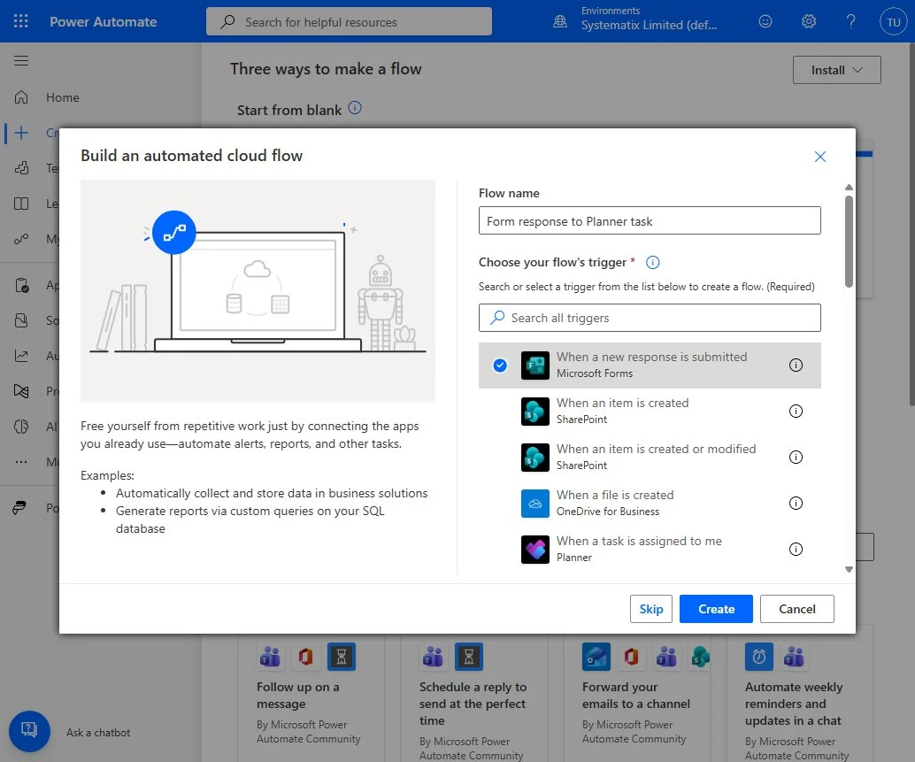 Naming the flow and choosing the Microsoft Forms "When a new response is submitted" trigger