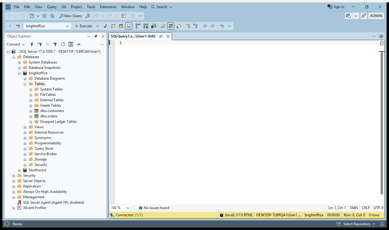 SQL Server Management Studio connected to the brightoffice database, Object Explorer expanded to its Tables, with an empty query window ready