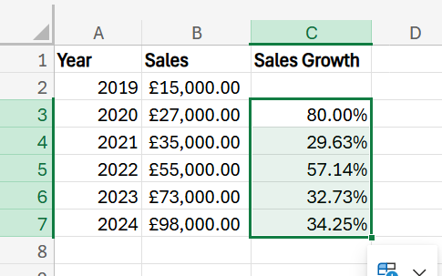 excel formula percent increase