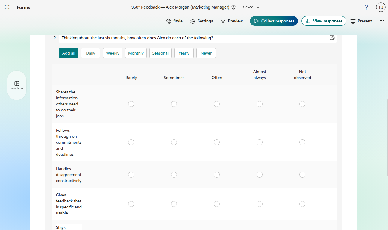 Likert grid with five behaviour rows and a frequency scale from Rarely to Almost always plus Not observed