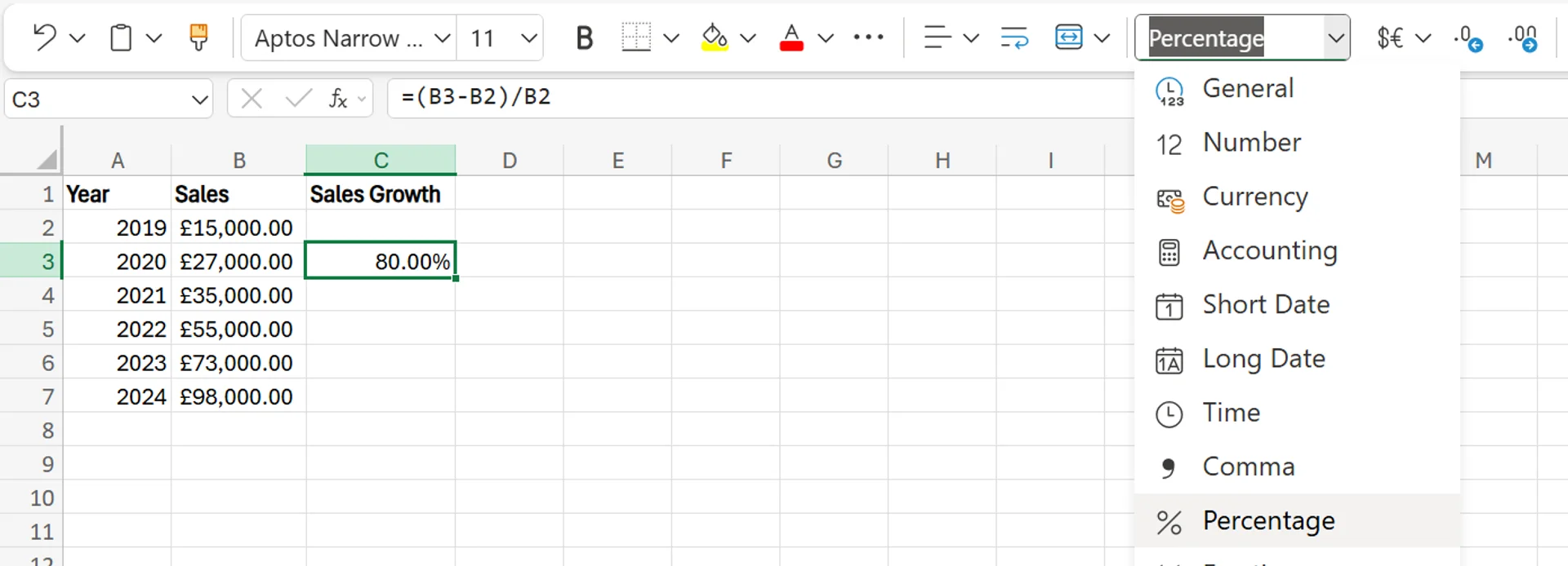 excel formula percent increase