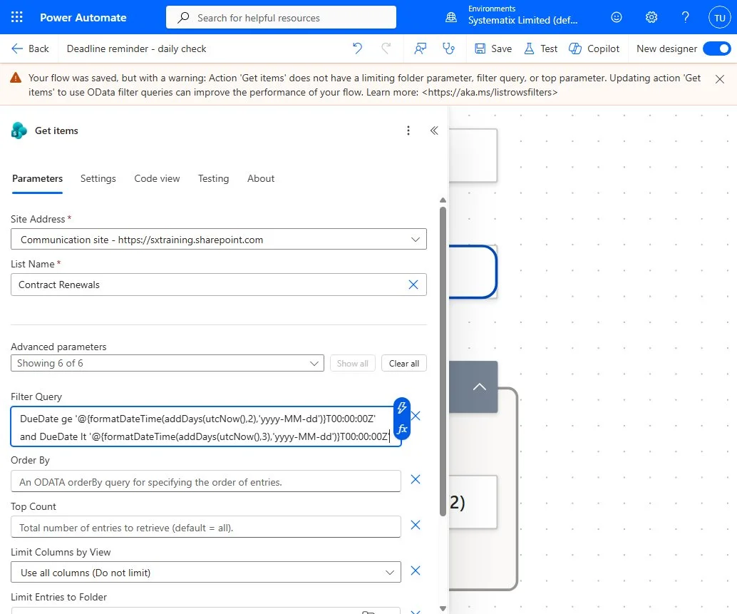 The Filter Query field holding the two-part date range that matches anything due on the target day