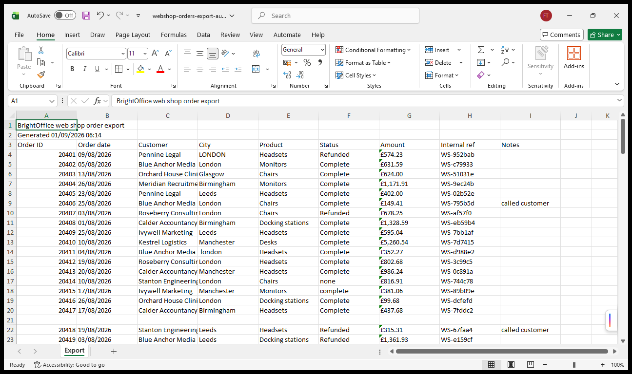 The messy BrightOffice export open in Excel: two banner rows, LONDON and lowercase london in the City column, none and N/A statuses, left-aligned text dates, and a fully blank row 21