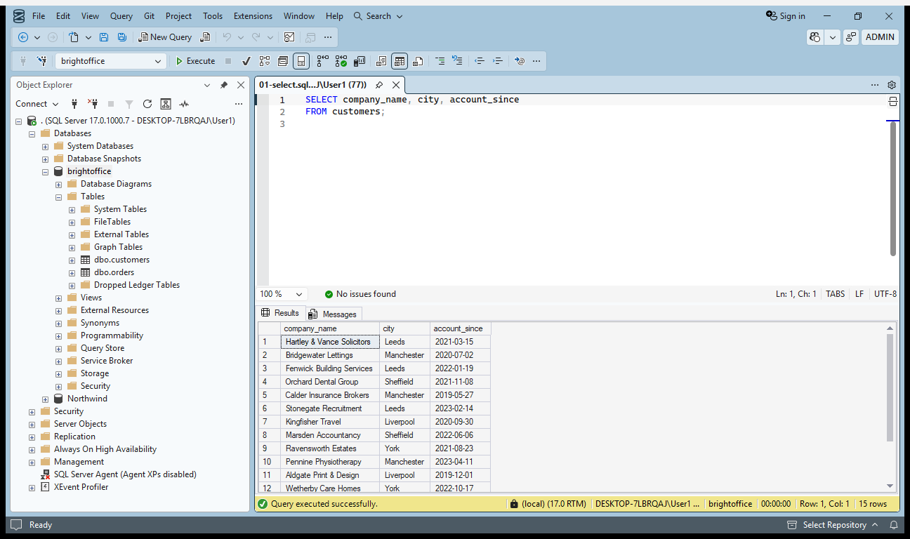 SSMS running SELECT company_name, city, account_since FROM customers, with all 15 customer rows in the results grid