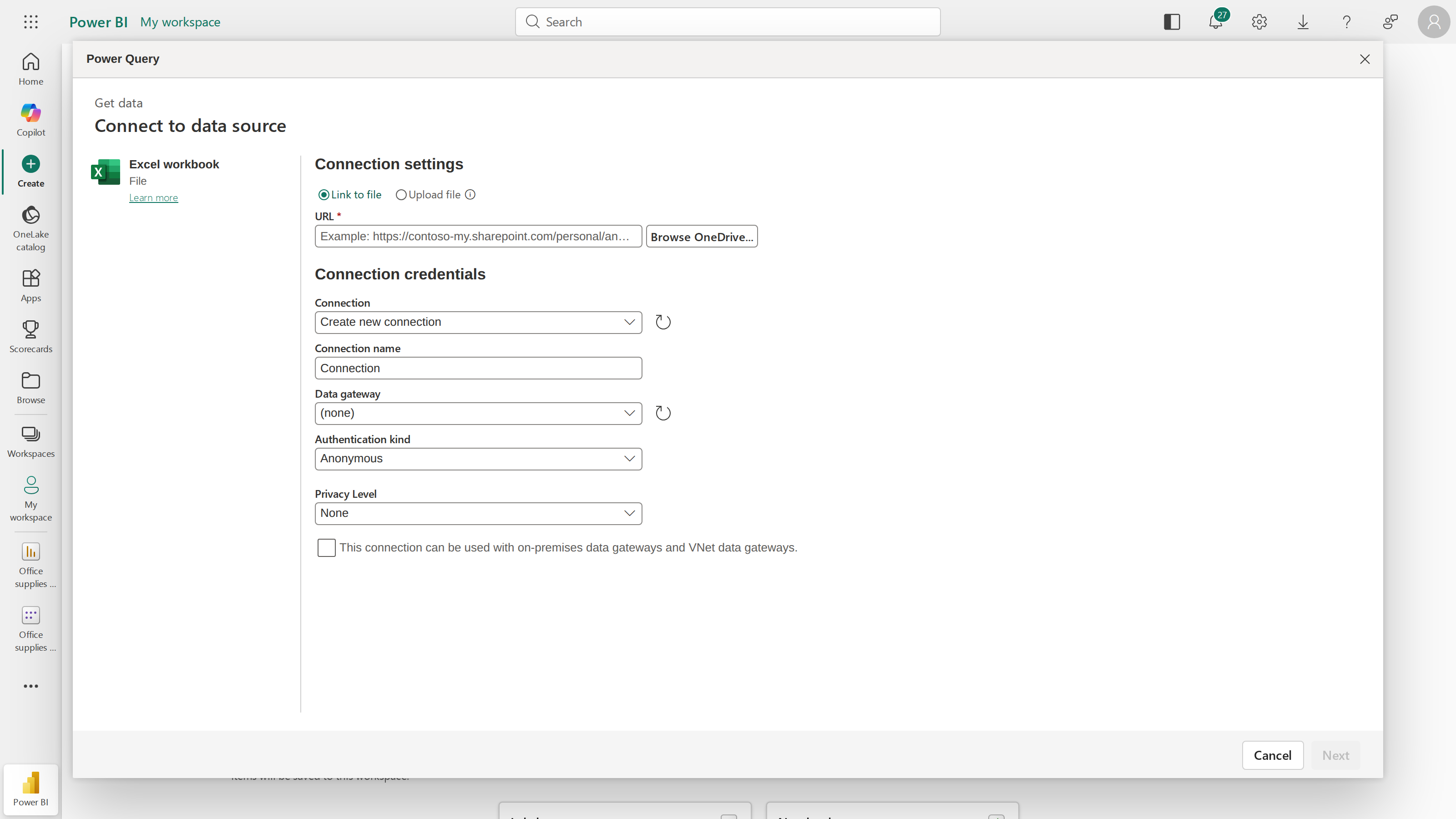 Power BI's Connect to data source screen for an Excel workbook, with Link to file and Upload file options and the connection settings form