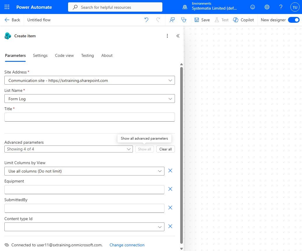Clicking Show all under Advanced parameters reveals the list's own columns, Equipment and SubmittedBy