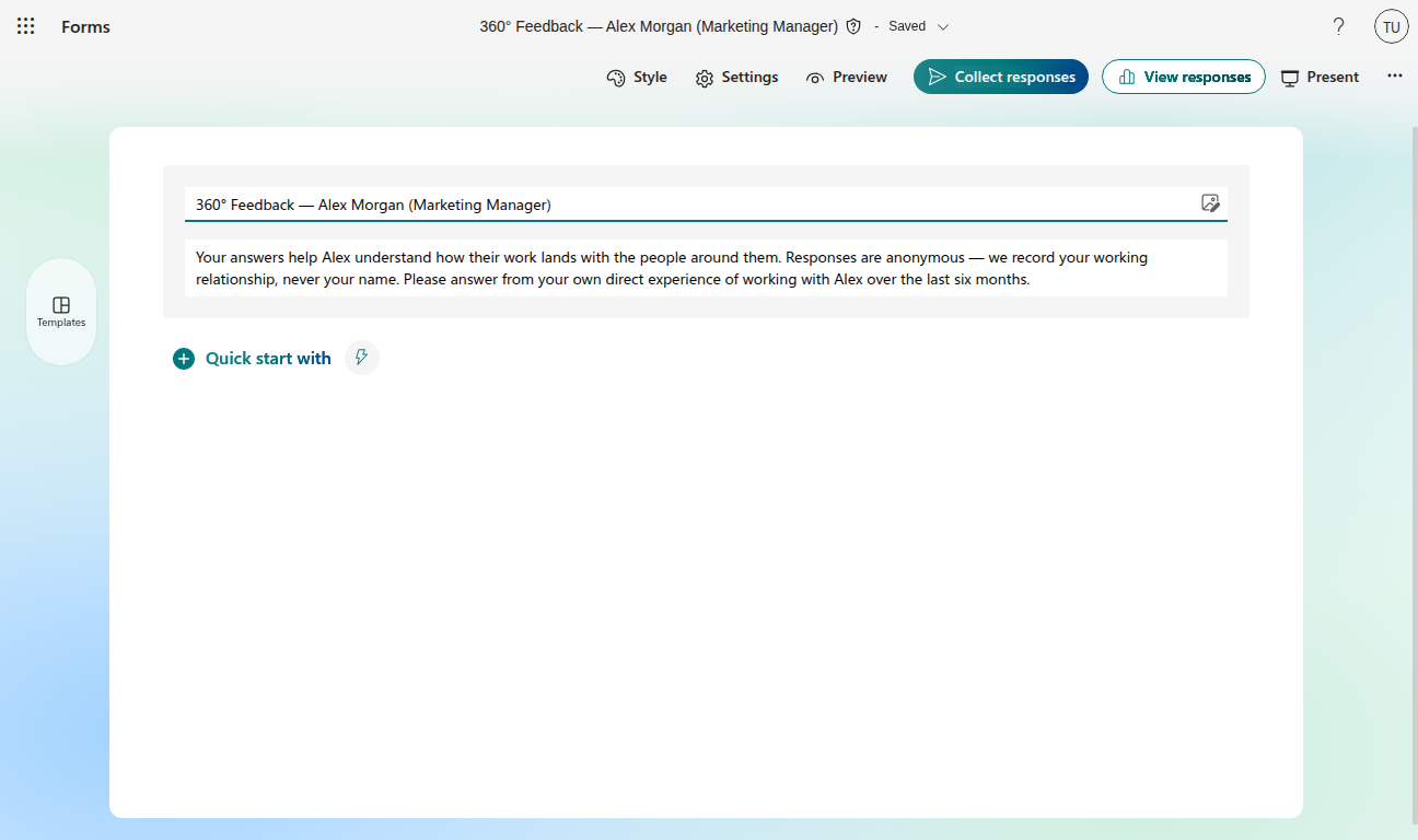 Form titled 360° Feedback — Alex Morgan (Marketing Manager) with an anonymity statement in the description