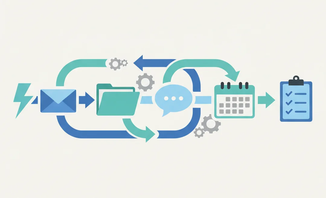 Power Automate workflow connecting email, files, chat and calendar into an automated flow