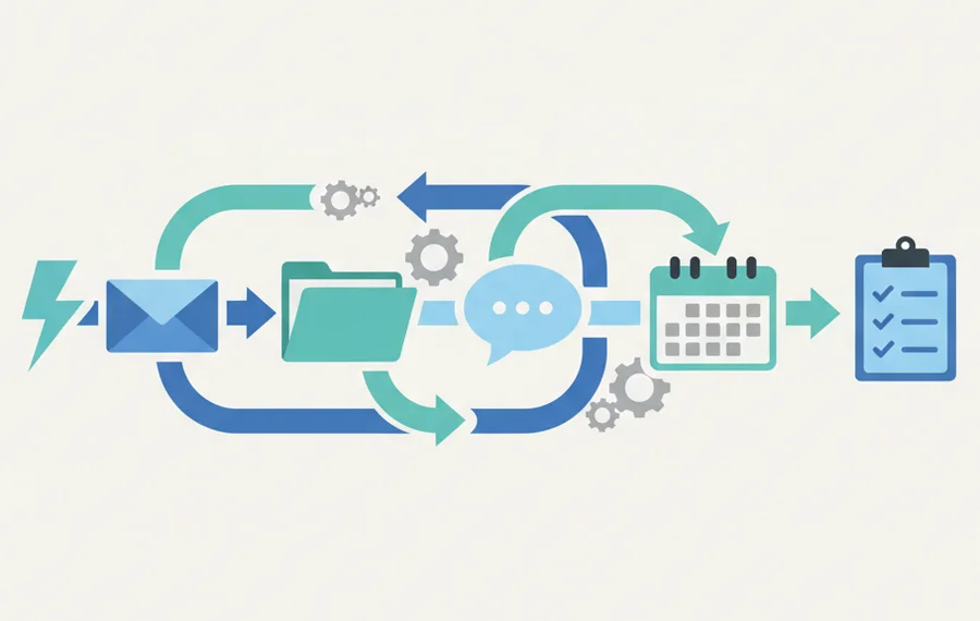 Power Automate workflow connecting email, files, chat and calendar into an automated flow