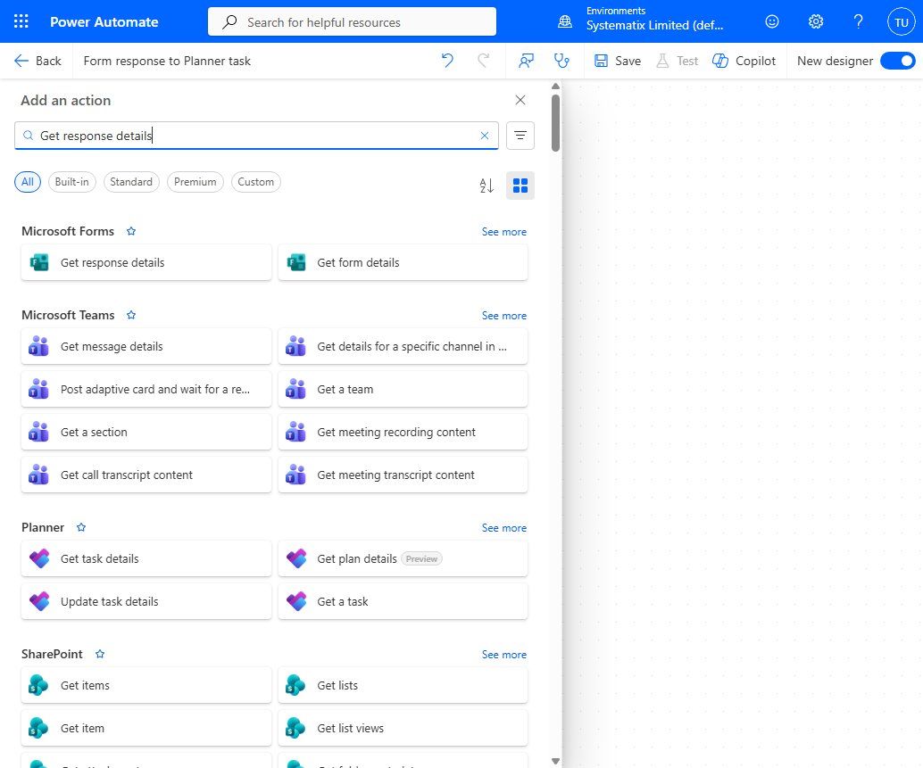 Searching for "Get response details" under the Microsoft Forms connector