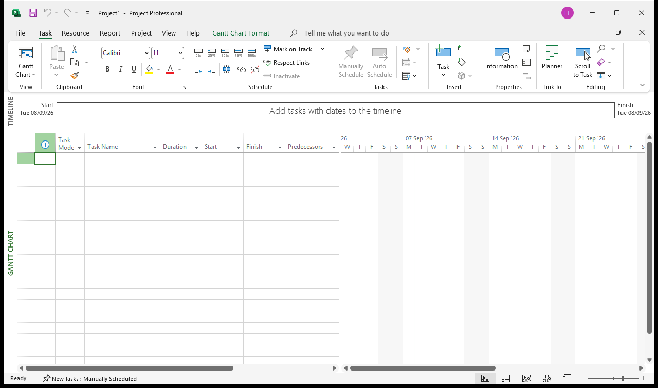 A brand new blank Microsoft Project file in Gantt Chart view, with the status bar bottom-left reading 'New Tasks : Manually Scheduled' and an empty task table