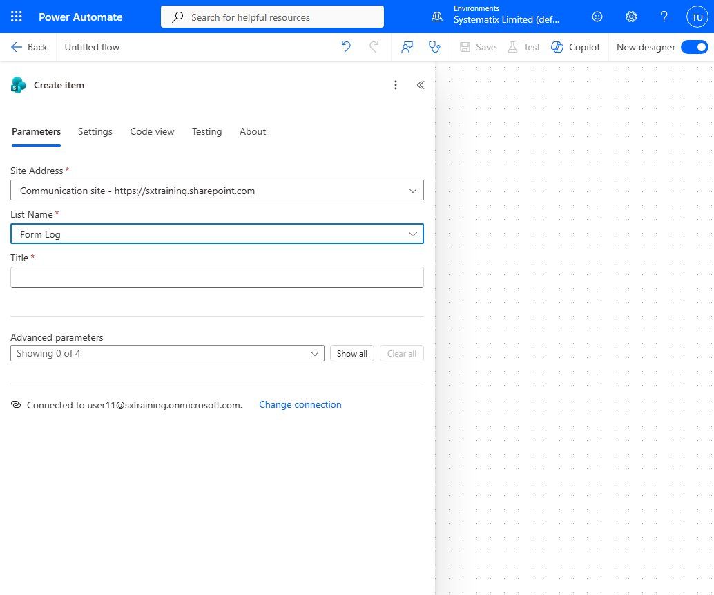 Create item with the site and list picked - only the Title field shows at first