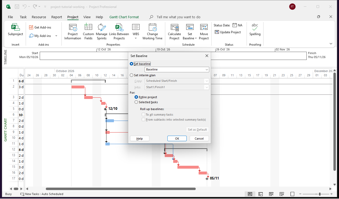 The Set Baseline dialog open over the linked plan, with 'Set baseline' selected, 'Baseline' chosen in the dropdown and 'Entire project' selected, and the summary roll-up durations of 6d, 10d and 8d visible in the table behind it