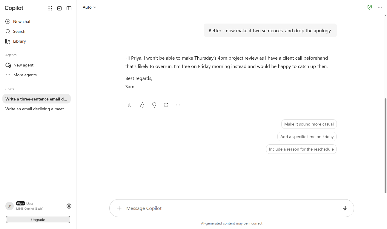 Copilot follow-up refinement: two-sentence version of the decline email with the apology removed