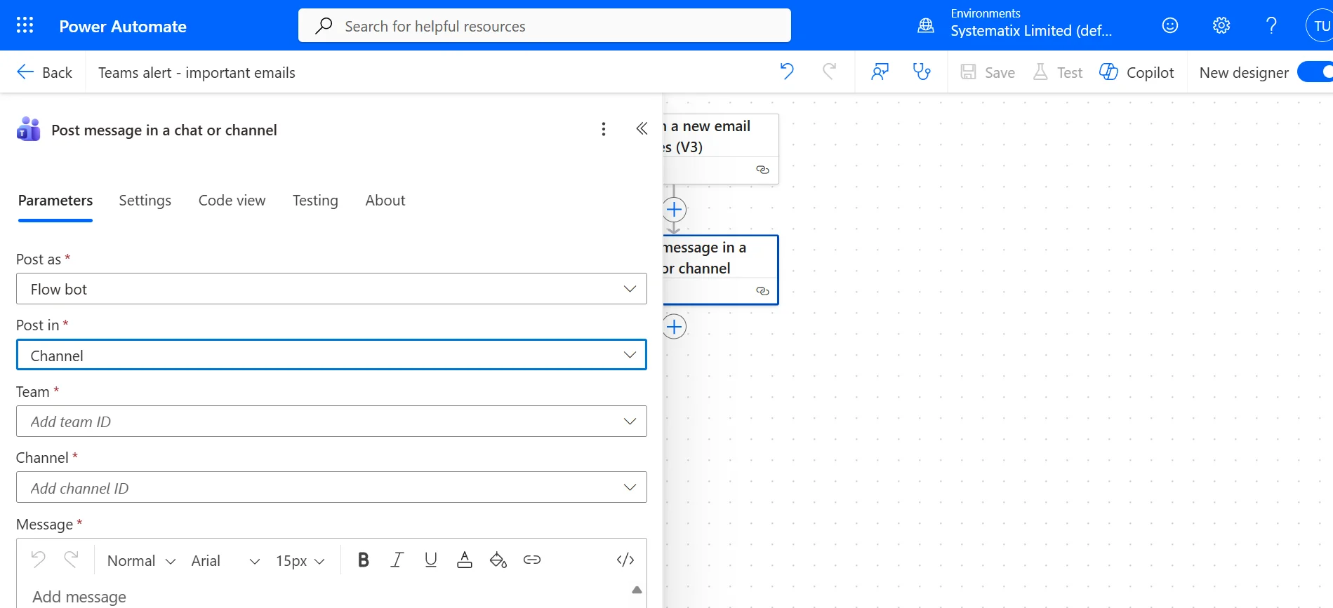 The Post as / Post in fields — Flow bot posting into a Channel