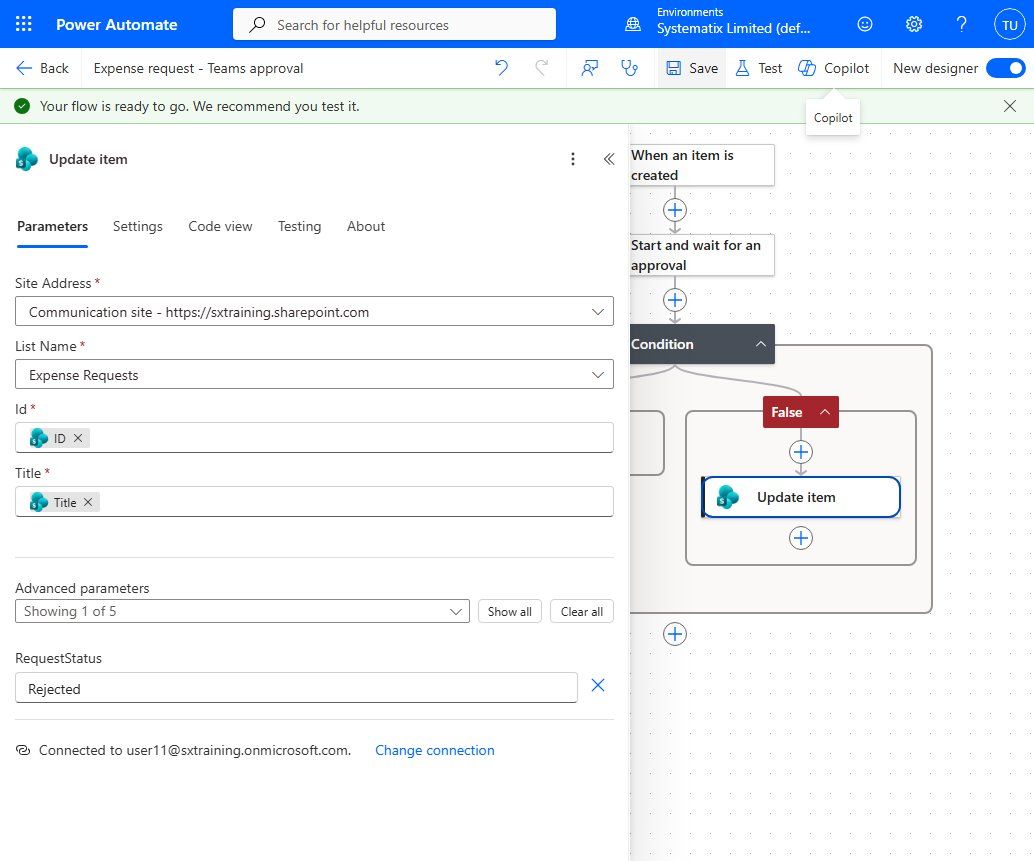 The False branch using Update item to set the request status to Rejected