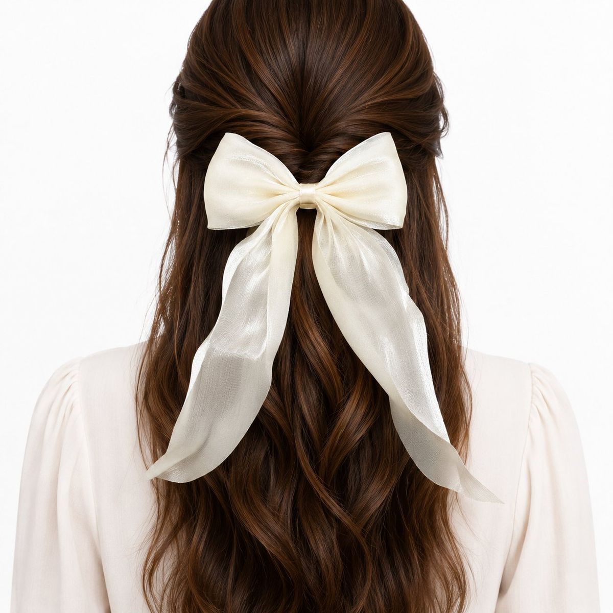 Back view of a woman with long brown hair wearing a large sheer ivory organza bow clip with flowing trailing tails in a half-up hairstyle.