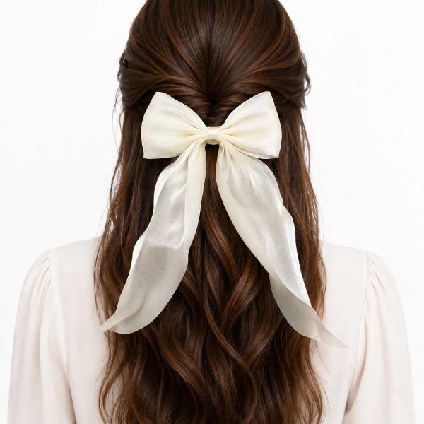 Back view of a woman with long brown hair wearing a large sheer ivory organza bow clip with flowing trailing tails in a half-up hairstyle.