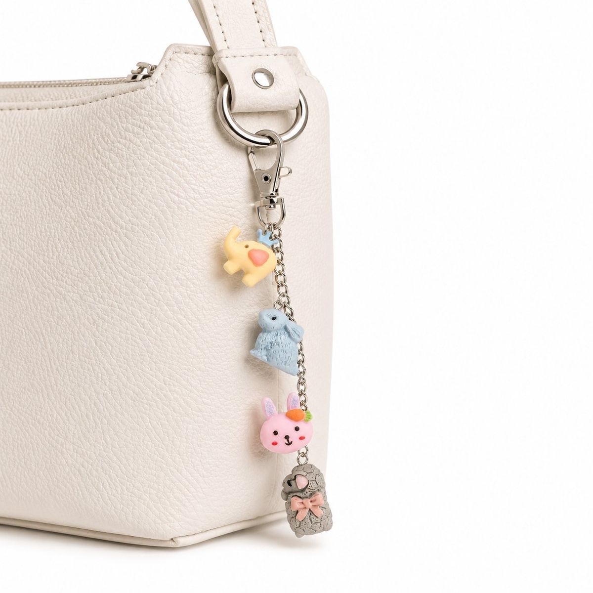 A silver lobster clasp keychain with four pastel polymer clay animal charms — yellow elephant, blue bunny, pink bunny face with carrot, and grey hedgehog with pink bow — hanging from a white leather bag.