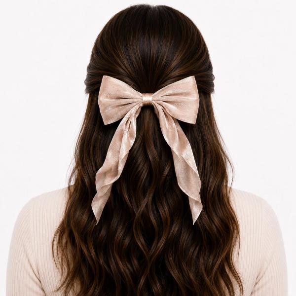 Back view of a woman with long wavy dark hair wearing a large oversized champagne shimmer bow clip with flowing ribbon tails in a half-up hairstyle.