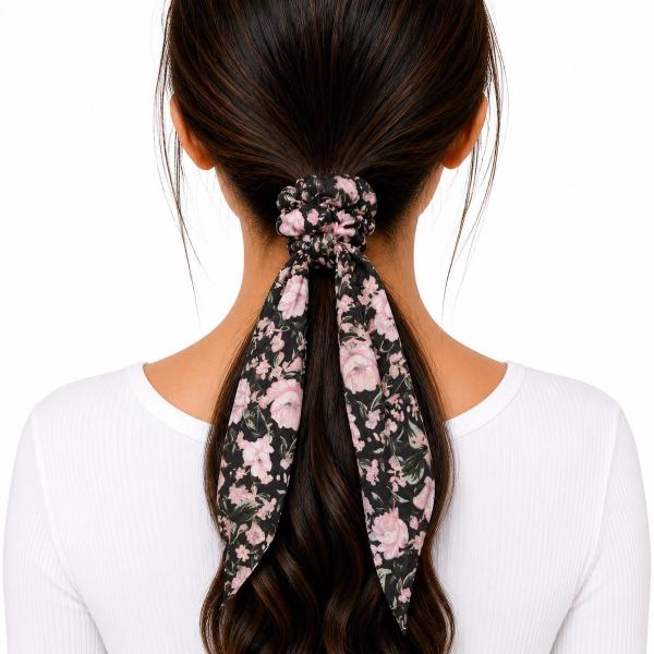 Back view of a woman wearing a black floral fabric scarf scrunchie with pink roses and long trailing tails in a low ponytail.