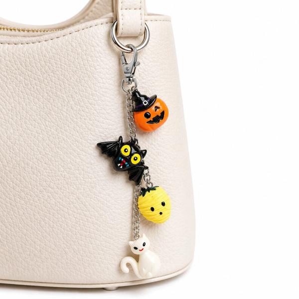 A silver-tone keychain with four Halloween resin charms — an orange jack-o'-lantern with witch hat, a black bat, a yellow pumpkin face, and a white ghost cat — clipped onto a cream leather handbag.