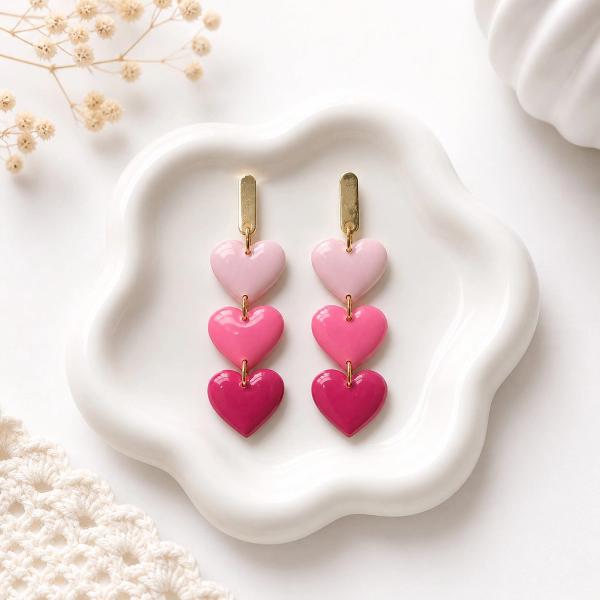 A pair of dangle earrings with three stacked clay hearts in graduating shades of pink attached to gold-tone bar studs, displayed on a white ceramic dish.