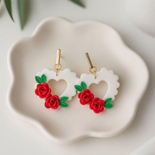 A pair of white scalloped heart-shaped clay dangle earrings decorated with red clay roses and green leaves, attached to gold bar studs, resting on a cream ceramic dish.