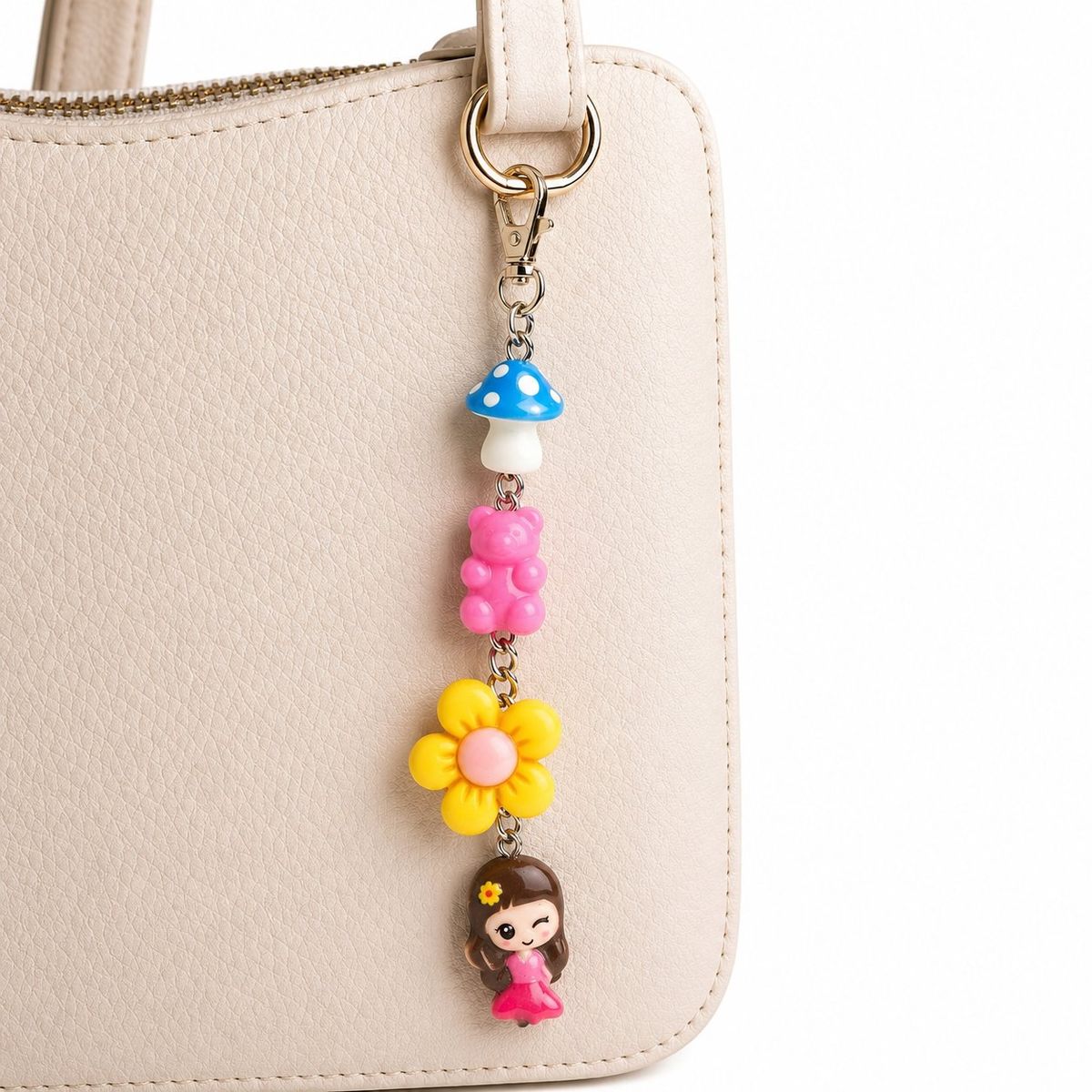 A dangling bag charm with four resin charms — a blue polka-dot mushroom, pink gummy bear, yellow sunflower, and winking girl in pink dress — attached via silver chain to a gold lobster clasp on a cream handbag.