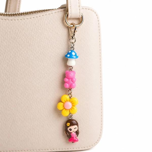 A dangling bag charm with four resin charms — a blue polka-dot mushroom, pink gummy bear, yellow sunflower, and winking girl in pink dress — attached via silver chain to a gold lobster clasp on a cream handbag.