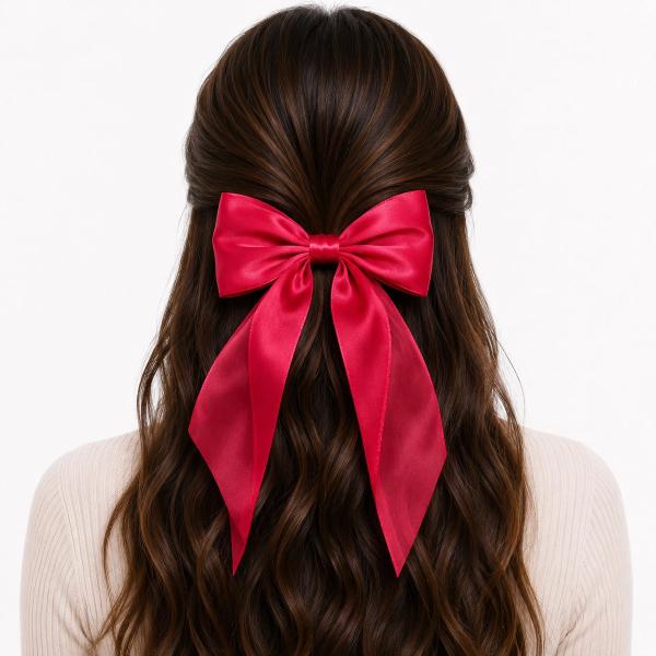 Back view of a woman with long wavy brown hair wearing a large red satin bow clip with trailing tails at the crown.