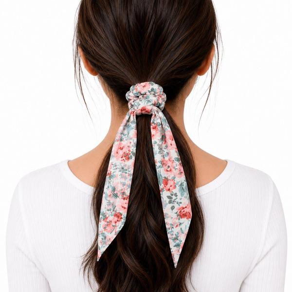 Back view of a woman with dark hair in a ponytail secured by a white floral scarf scrunchie with pink roses and green leaves, the fabric tail hanging down.