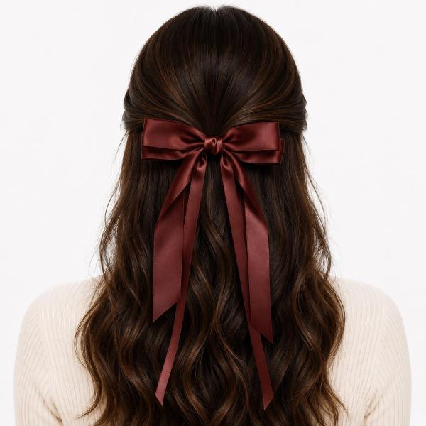 Back view of a woman wearing a deep burgundy satin ribbon bow clip with long flowing tails in a half-up hairstyle.