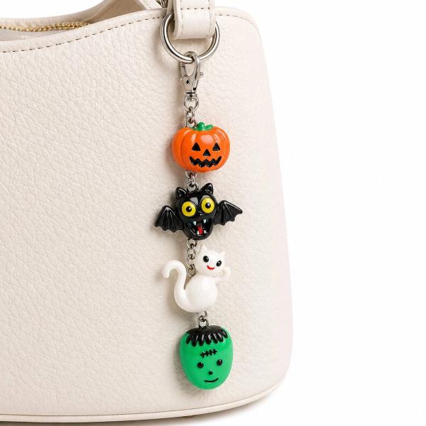 A Halloween bag charm with four resin figures — an orange jack-o'-lantern, black bat, white ghost, and green Frankenstein head — linked by a silver chain and lobster clasp, hanging from a cream leather handbag.