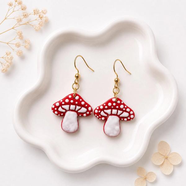 A pair of handmade red and white spotted mushroom-shaped clay dangle earrings with gold fishhook wires displayed on a white ceramic tray.