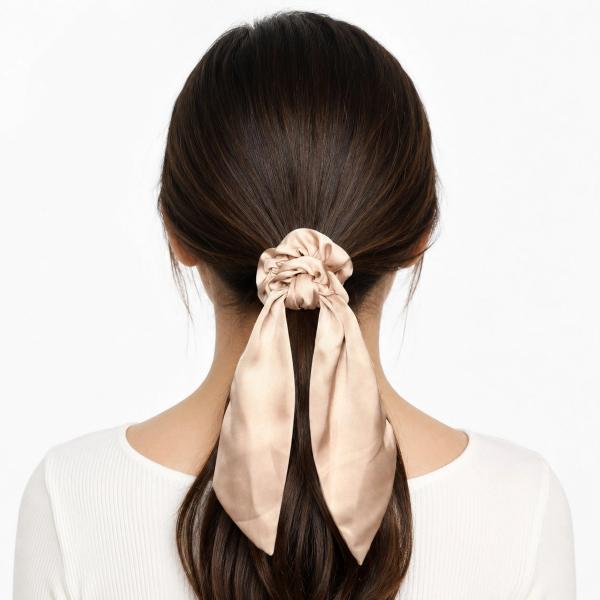 Back view of a woman with dark hair wearing a champagne satin scarf scrunchie with long pointed tails in a low ponytail.