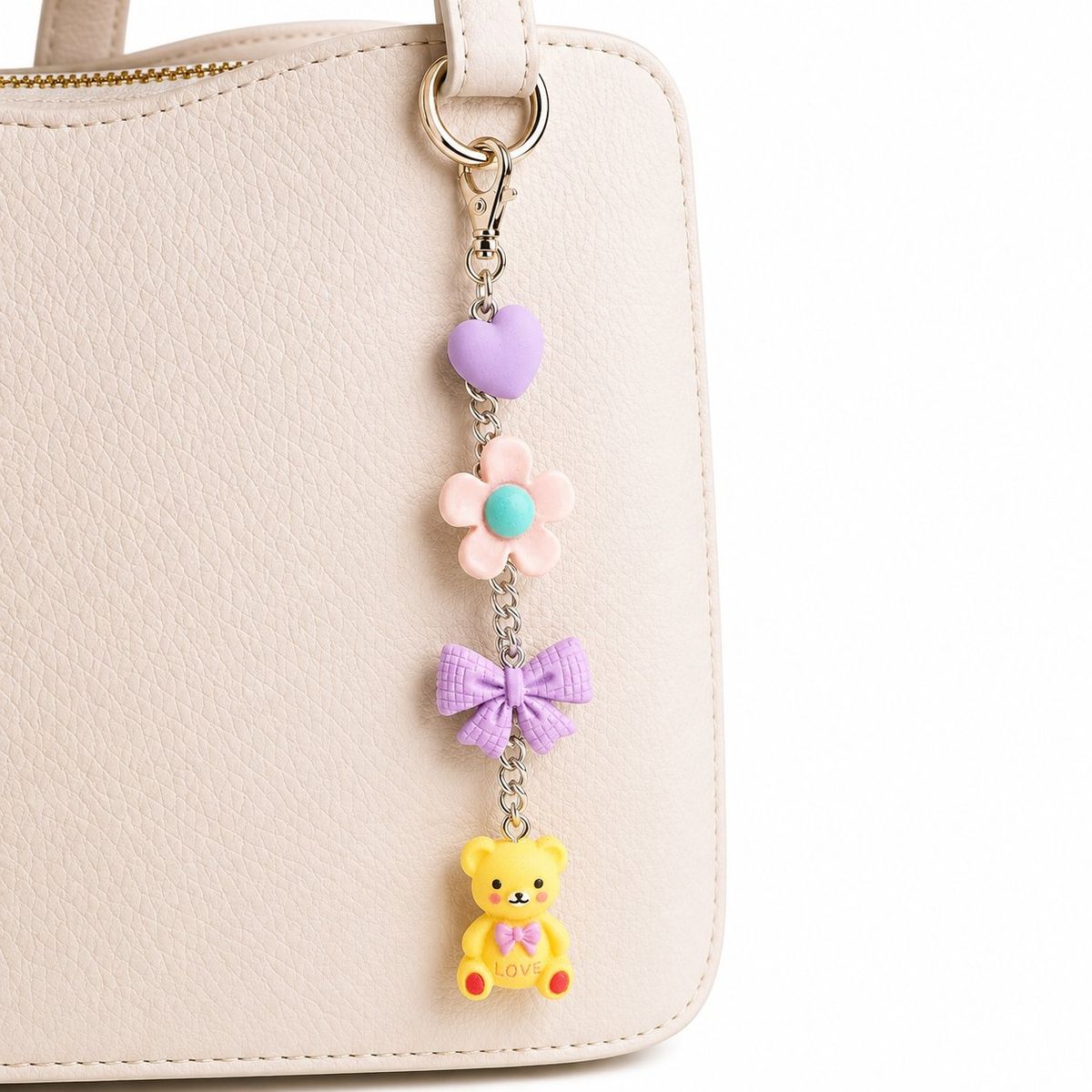 A pastel bag charm hanging from a cream handbag strap, featuring a lavender heart, pink daisy, purple bow, and yellow teddy bear charms connected by a silver chain.