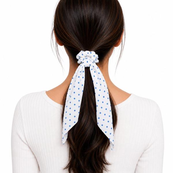Back view of a woman wearing a white and blue polka dot scarf scrunchie with long fabric tails holding a low ponytail.