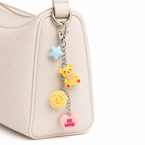 A silver-tone lobster clasp keychain charm displaying a blue star, yellow teddy bear with pink bow, yellow rose, and pink 'Be Mine' heart charm, hanging from a cream leather handbag.
