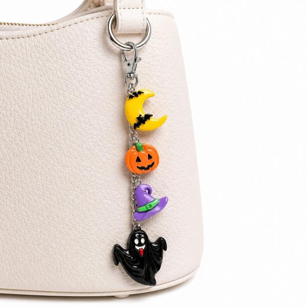 A Halloween-themed bag charm with four resin charms — a yellow crescent moon, orange jack-o'-lantern, purple witch hat, and black ghost — hanging from a silver lobster clasp on a cream handbag.