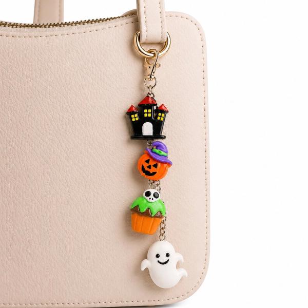 A Halloween-themed bag charm with four stacked resin figures — a black haunted castle, orange jack-o'-lantern with purple witch hat, skull cupcake, and white ghost — attached via gold chain to a lobster clasp, displayed on a cream leather handbag.