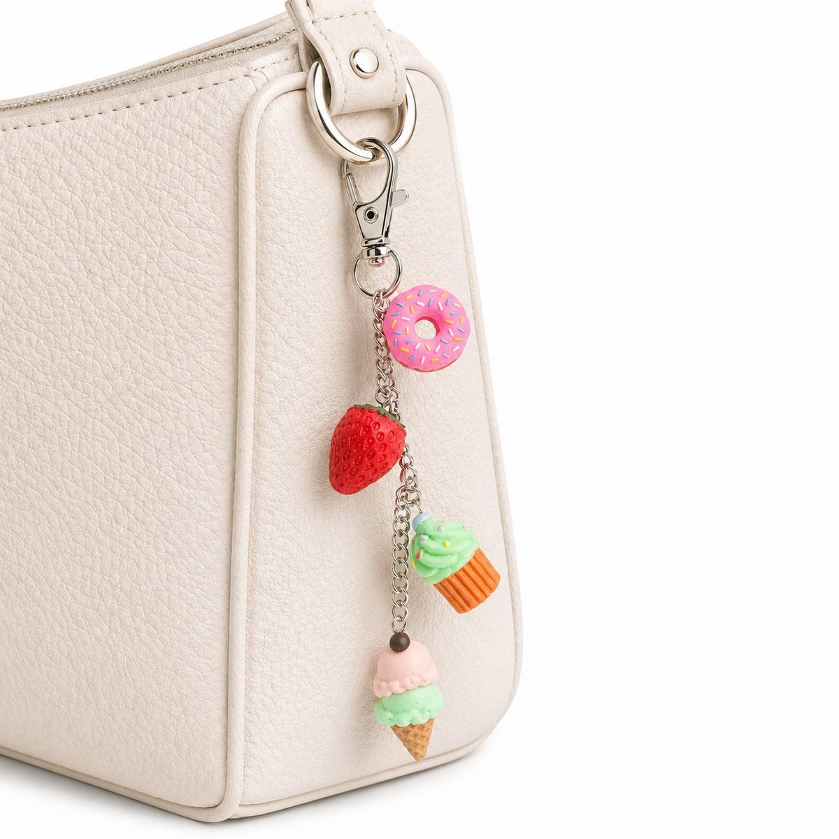 A silver-tone lobster clasp keychain with four polymer clay charms — a pink sprinkle donut, red strawberry, green cupcake, and mint and pink ice cream cone — hanging from a cream leather bag.