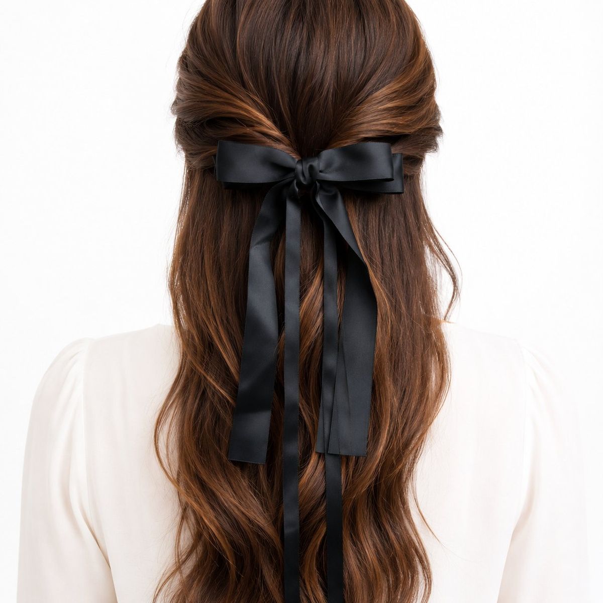 Back view of a woman with long brown hair wearing a black satin ribbon bow clip with long trailing tails in a half-up hairstyle.