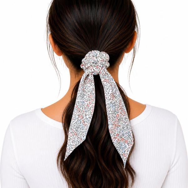 Back view of a woman with dark hair in a ponytail secured by a white floral scarf scrunchie with long trailing fabric tails in pink, blue, and navy print.