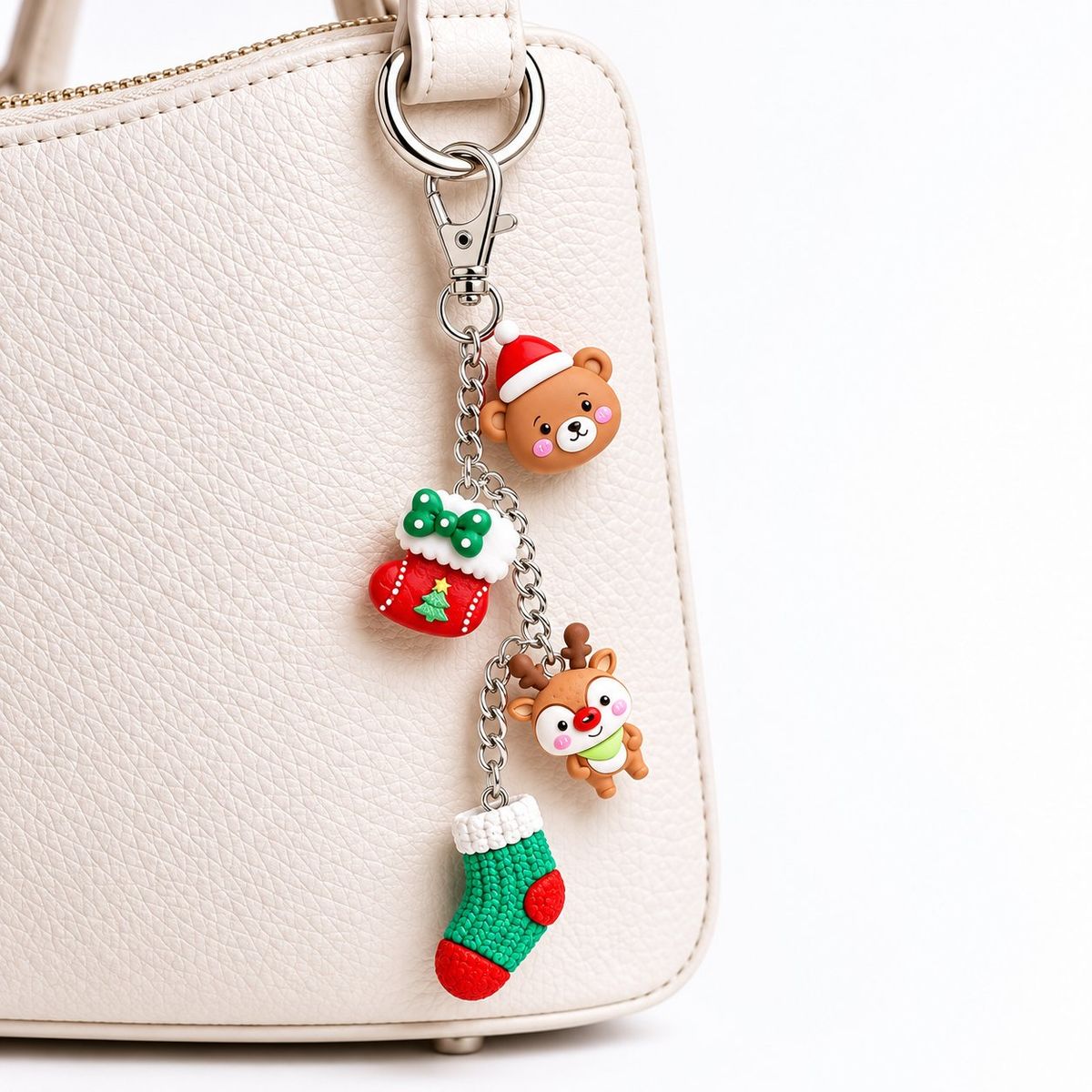 A silver-tone keychain with four Christmas-themed 3D charms — a brown bear in a Santa hat, a red mittened stocking with green bow, a reindeer, and a green knit Christmas stocking — hanging from a cream leather handbag.