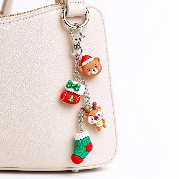 A silver-tone keychain with four Christmas-themed 3D charms — a brown bear in a Santa hat, a red mittened stocking with green bow, a reindeer, and a green knit Christmas stocking — hanging from a cream leather handbag.