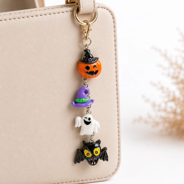 A Halloween keychain charm with four stacked resin charms — a jack-o'-lantern, purple witch hat, white ghost, and black bat — hanging from a gold lobster clasp on a beige handbag.