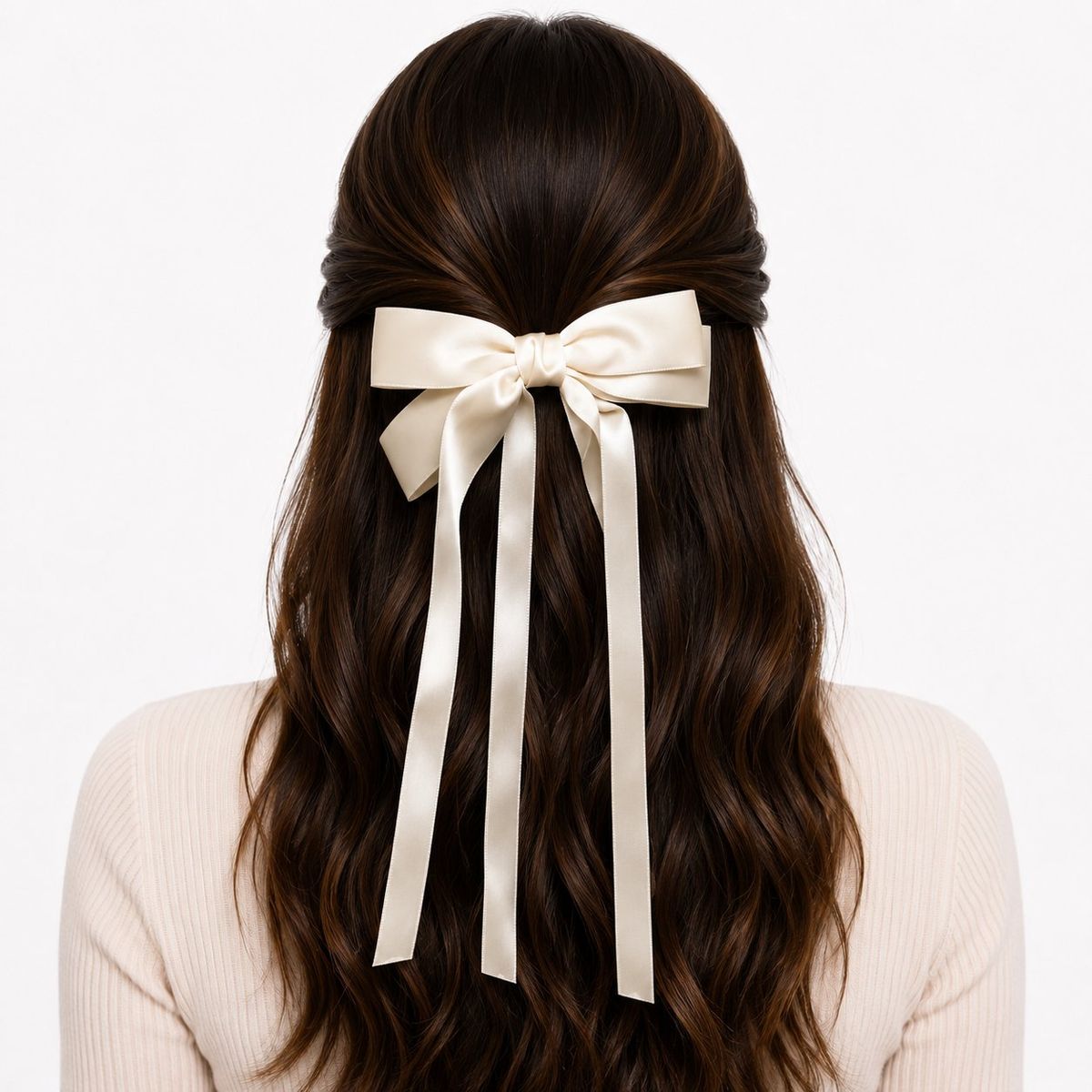 Back view of a woman with dark wavy hair wearing a large cream satin ribbon bow clip with long trailing tails in a half-up hairstyle.