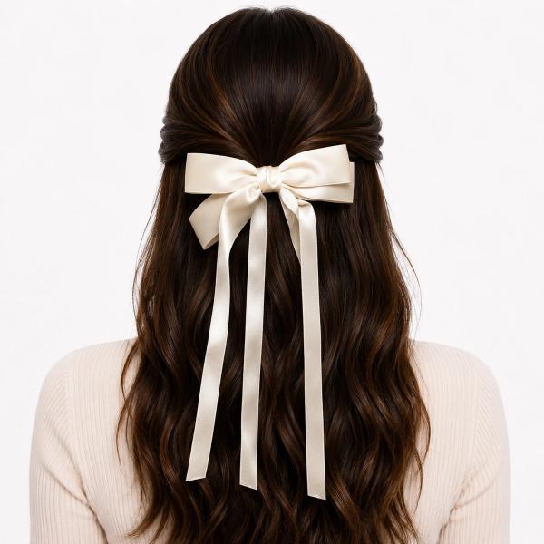 Back view of a woman with dark wavy hair wearing a large cream satin ribbon bow clip with long trailing tails in a half-up hairstyle.