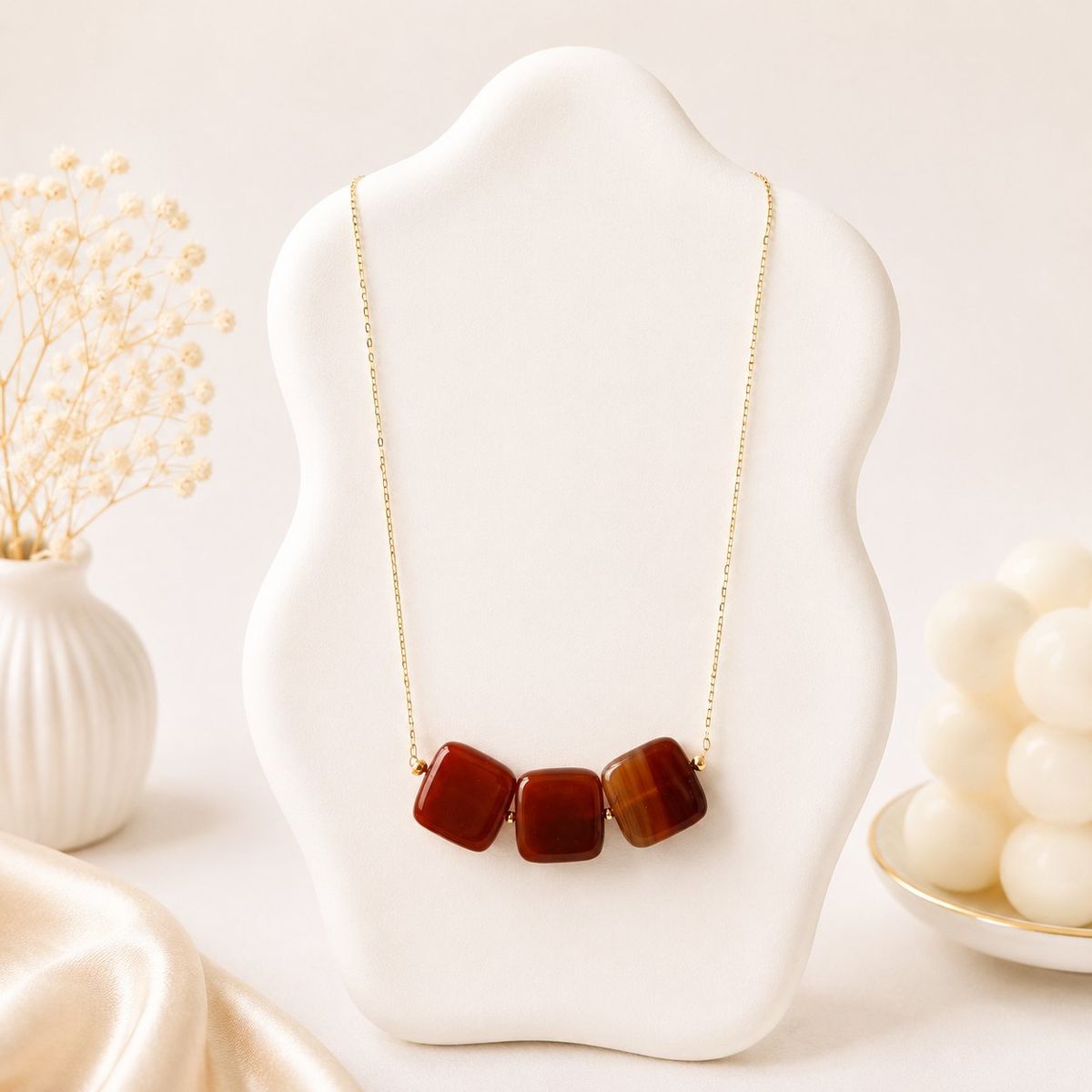 A necklace with three polished deep red square beads strung on a thin gold-tone chain, displayed on a white bust stand.